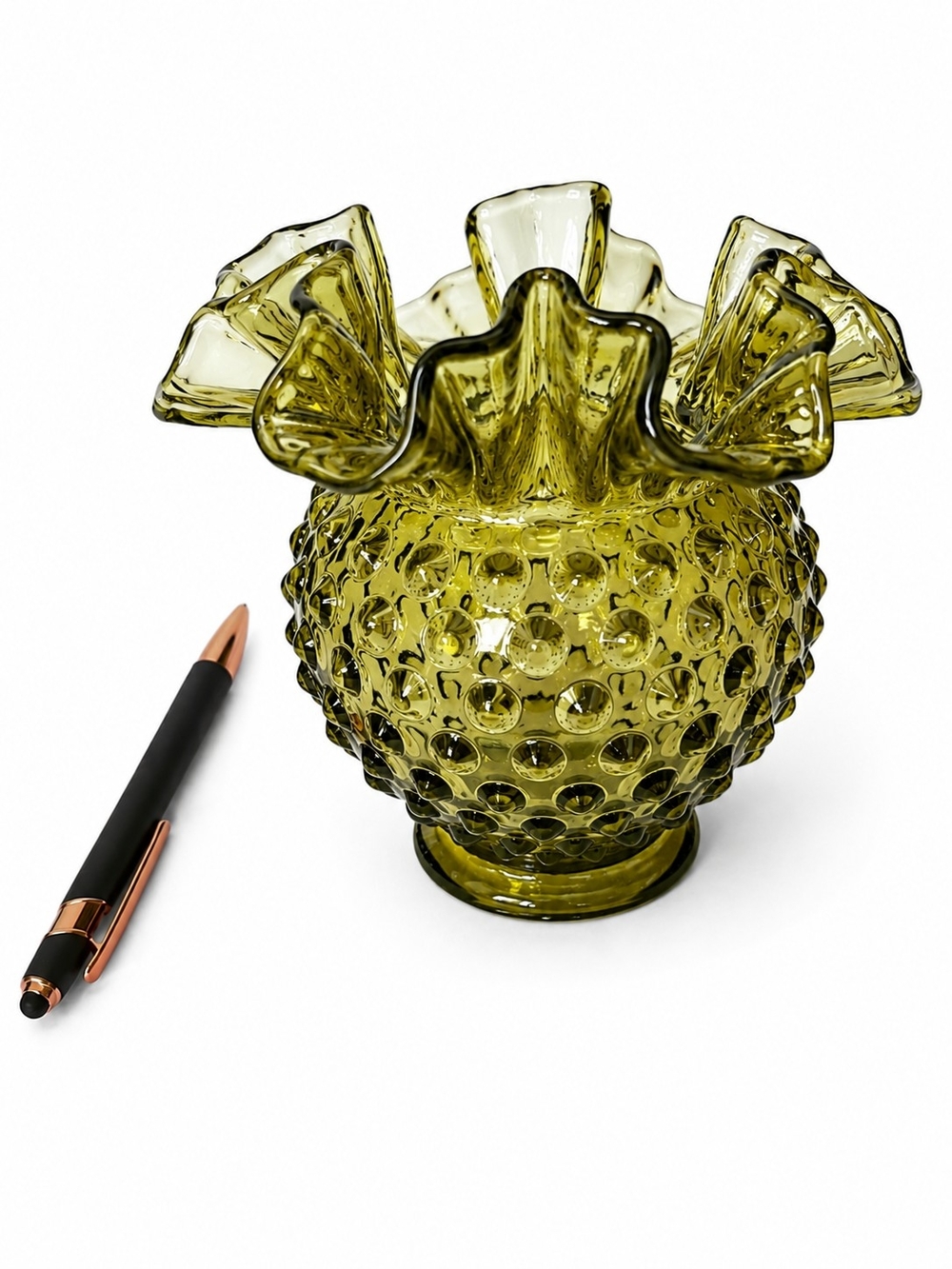 VTG Colohial Green Hobnail Glass Ruffled Vase - Decorative Home Accent - Picture 2 of 7